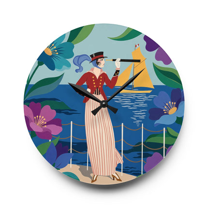 🔭⛵ The Lady Of The Seaside Spyglass Acrylic Wall Clock – Art Deco Coastal Elegance
