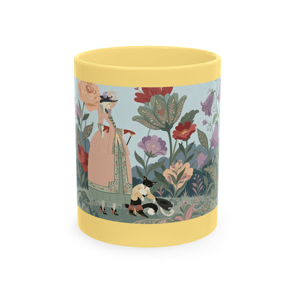 🐈🥾 The Lady & Puss In Boots In The Flower Garden Ceramic Mug – Art Deco Storybook Whimsy