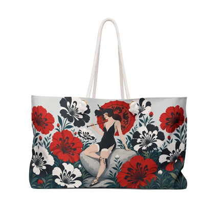 🌹☂️ The Scarlet Parasol Garden Weekender Bag – Art Deco Floral Elegance