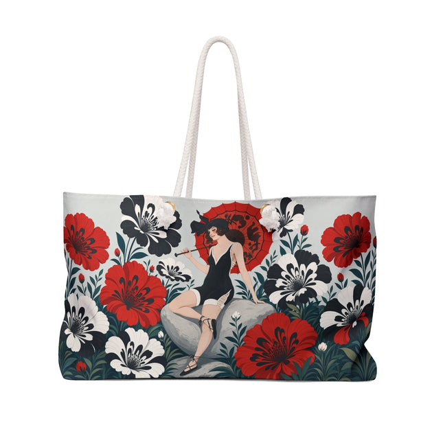 🌹☂️ The Scarlet Parasol Garden Weekender Bag – Art Deco Floral Elegance