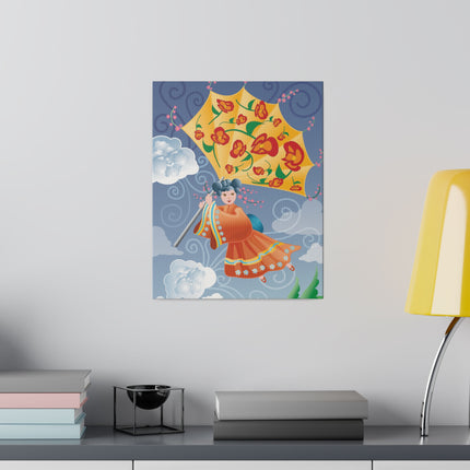 Flight of Blossoms – Whimsical Girl with Kite