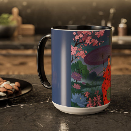 The Lady Of The Cherry Blossoms Colorful Mugs – Art Deco Spring Elegance