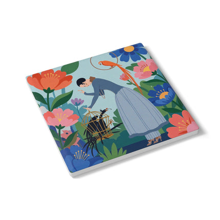 🦜🌺 The Lady Of The Garden Aviary Ceramic Coaster – Art Deco Floral Whimsy