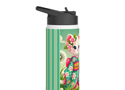 Geisha Kitten and the Dandelion Wish Stainless Steel Water Bottle, Standard Lid