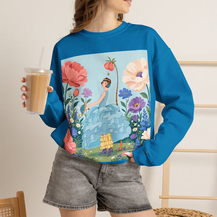 🌸🩵 The Blue Ruffle Garden Crewneck Sweatshirt – Art Deco Floral Whimsy
