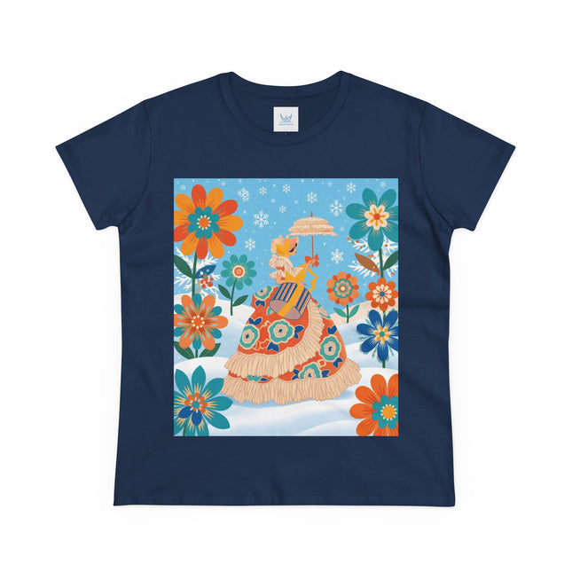 🌼❄️ The Winter Parasol Lady Cotton Tee – Art Deco Floral Fantasy