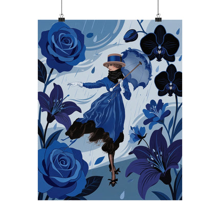 ☔💙 The Lady Of The Blue Rain Matte Vertical Poster – Art Deco Floral Whimsy