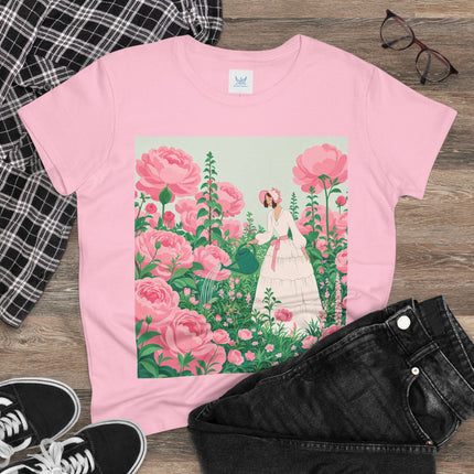 🌸💧 The Rose Garden Watering Cotton Tee – Art Deco Floral Whimsy