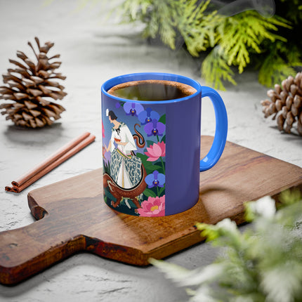 The Lady And The Garden Dragon Colorful Mugs – Art Deco Mythical Botanical Elegance