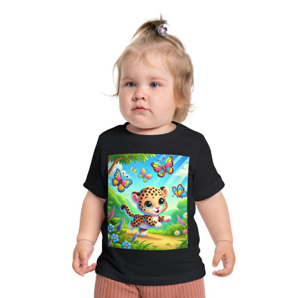 Butterfly Chase Leopard Cub Baby T-Shirt – Playful Adventure & Sunny Meadow Dreams