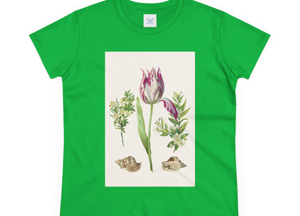 Tulip flower with Two Branches of Myrtle and Shells Cotton Tee