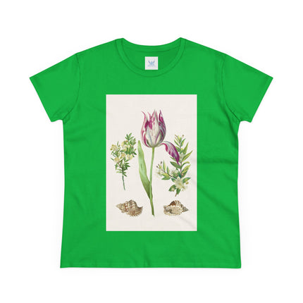 Tulip flower with Two Branches of Myrtle and Shells Cotton Tee