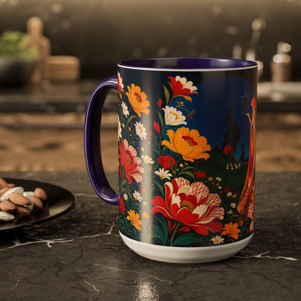 🌺🐦 The Enchanted Birdcage Garden Colorful Mug – Art Deco Floral Fantasy