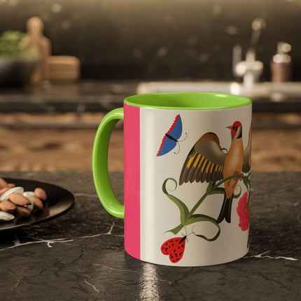 Goldfinch & Pink Flowers Colorful Mugs – Vibrant Spring & Bold Beauty
