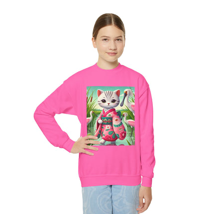 Geisha Kitten Strolls Among the Spoonbills Youth Crewneck Sweatshirt – Grace, Nature & Whimsical Elegance