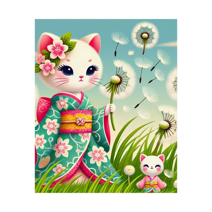 🌾🌼 Geisha Kitten and the Dandelion Wish Matte Vertical Poster – Gentle Wishes & Quiet Wonder