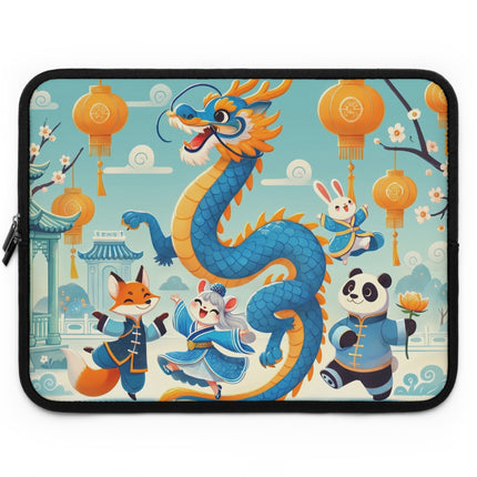 Blue & Gold Dragon Festival Parade Laptop Sleeve – Joyful Celebration & Cultural Magic