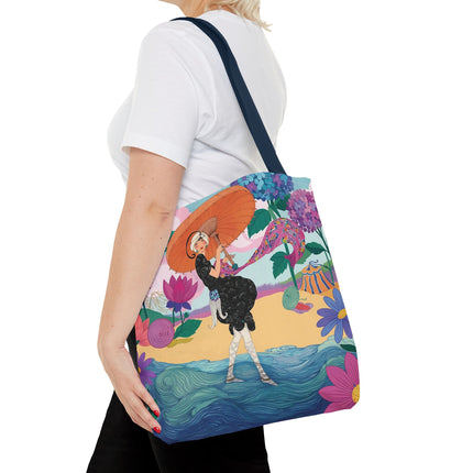 ☂️🌺 The Lady Of The Seaside Parasol Tote Bag – Art Deco Floral Fashion