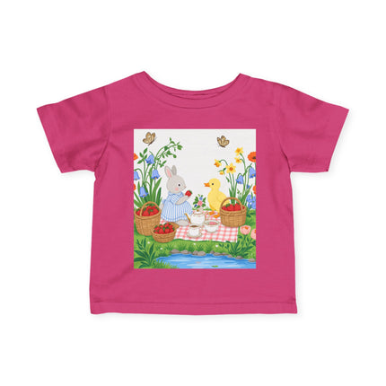 🐰🦆 The Little Strawberry Picnic Friends Infant Fine Jersey Tee – Whimsical Woodland Charm