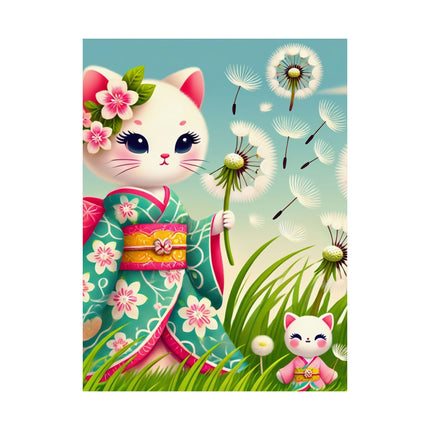🌾🌼 Geisha Kitten and the Dandelion Wish Matte Vertical Poster – Gentle Wishes & Quiet Wonder