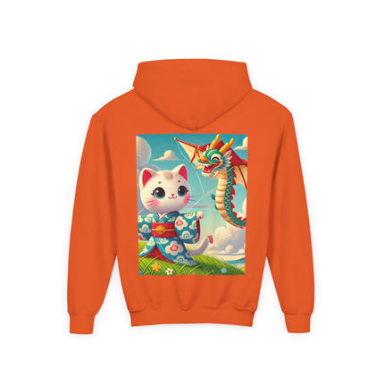 Geisha Kitten and the Dragon Kite Youth Hooded Sweatshirt – Bold Energy & Sky-High Adventure
