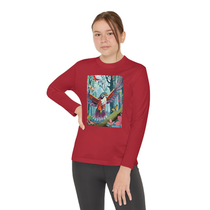 A Colorful Raptor Youth Long Sleeve Competitor Tee – Dino Adventure & Forest Wonder
