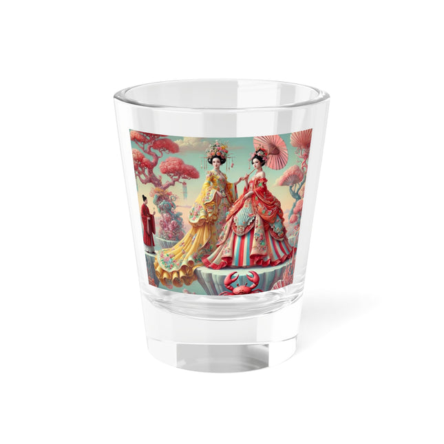 Cherry Blossom Courtesans & Crimson Crab Shot Glass – Imperial Elegance & Playful Charm