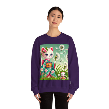 Geisha Kitten and the Dandelion Wish Heavy Blend™ Crewneck Sweatshirt