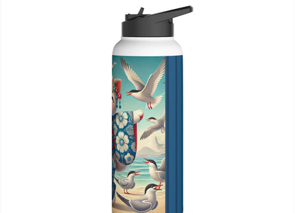Geisha Kitten by the Seaside Stainless Steel Water Bottle, Standard Lid