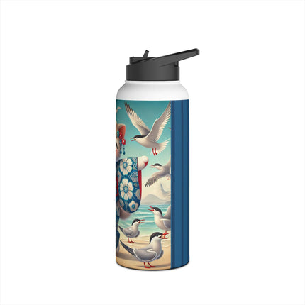 Geisha Kitten by the Seaside Stainless Steel Water Bottle, Standard Lid