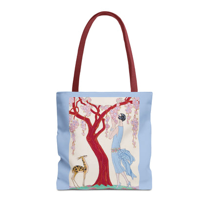 Woman, Fawn, and Red Tree by George Barbier Tote Bag (AOP)