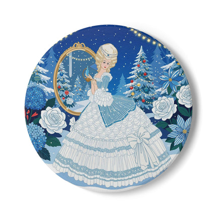 💙❄️ The Lady Of The Winter Looking Glass Ceramic Coaster – Art Deco Christmas Fantasy