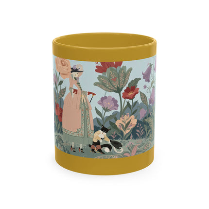 🐈🥾 The Lady & Puss In Boots In The Flower Garden Ceramic Mug – Art Deco Storybook Whimsy