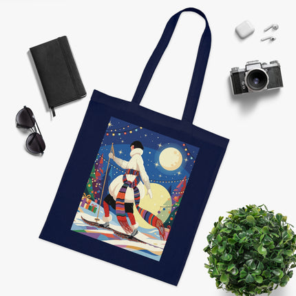 🎿🌙 The Moonlit Christmas Skier Cotton Tote Bag – Art Deco Holiday Adventure