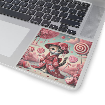 Whimsical Geisha Kitten in a Valentine Garden Kiss-Cut Stickers (4 Sizes)