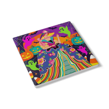 🌈👻 The Rainbow Ghost Masquerade Ceramic Coaster – Colorful Halloween Charm