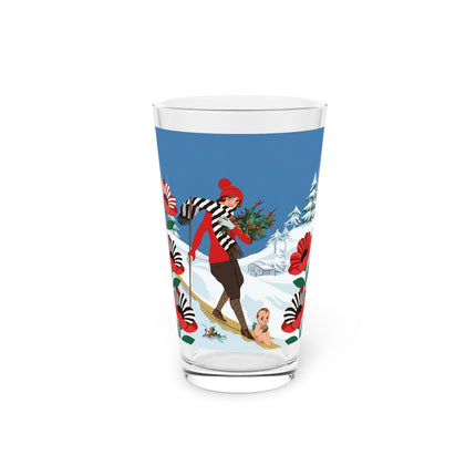 🎿🎄 The Christmas Holly Skier Pint Glass – Whimsical Holiday Fantasy