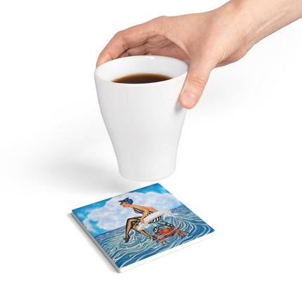 🦀🌊 The Seaside Crab Ride Ceramic Coaster – Art Deco Beach Whimsy