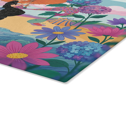 🌸☂️ The Lady Of The Painted Parasol Glass Cutting Board – Art Deco Floral Seaside Elegance