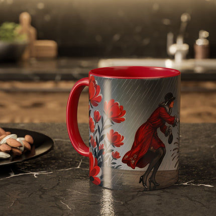 ☔🌹 The Scarlet Rainstorm Promenade Colorful Mug – Art Deco Motoring Elegance