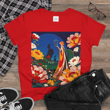 🌺🐦 The Enchanted Birdcage Garden Cotton Tee – Art Deco Floral Fantasy
