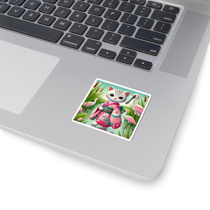 Geisha Kitten Strolls Among the Spoonbills Kiss-Cut Stickers (4 Sizes)