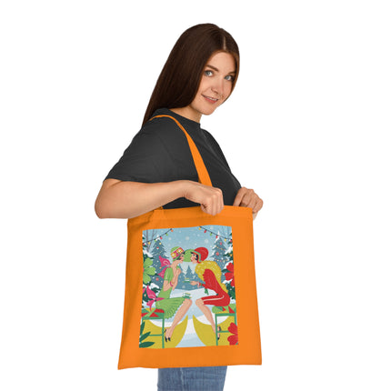 🎄☕ Christmas Tea In The Snow Garden Cotton Tote Bag – Art Deco Holiday Friendship