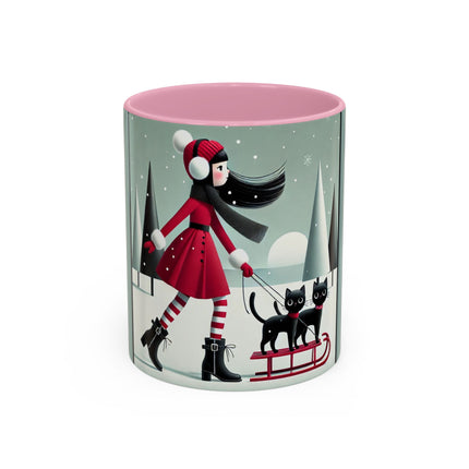 Red Sled & Curious Cats Colorful Mugs (11oz, 15oz)