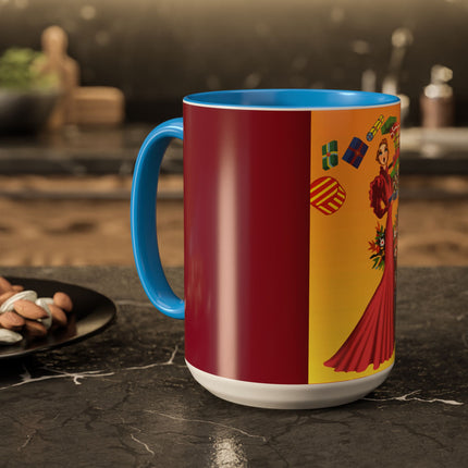 Elegant Holiday Woman with Gifts Colorful Mugs (11oz, 15oz)