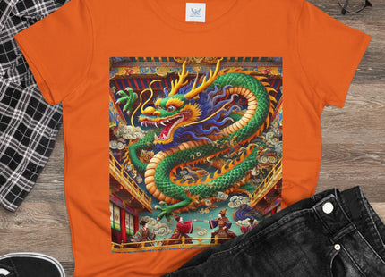 Tibetan Dragon Over Kabuki Duel Women's Midweight Cotton Tee