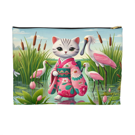 Geisha Kitten Strolls Among the Spoonbills Accessory Pouch – Serene Grace & Marshland Wonder