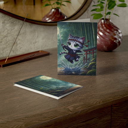 🐱🌕 The Moonlit Samurai Cat Greeting Card – Whimsical Bamboo Adventure