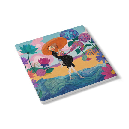 🌊☂️ The Lady Of The Flowered Seashore Ceramic Coaster – Art Deco Seaside Fashion