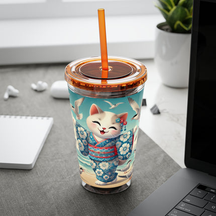 Geisha Kitten by the Seaside Sunsplash Tumbler with Straw, 16oz